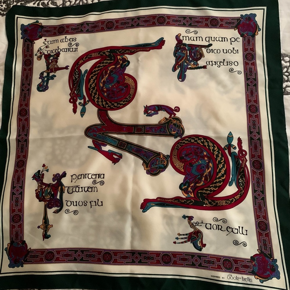 Vintage Celtic Scarf inspired by the Book of Kells with green border Polyester